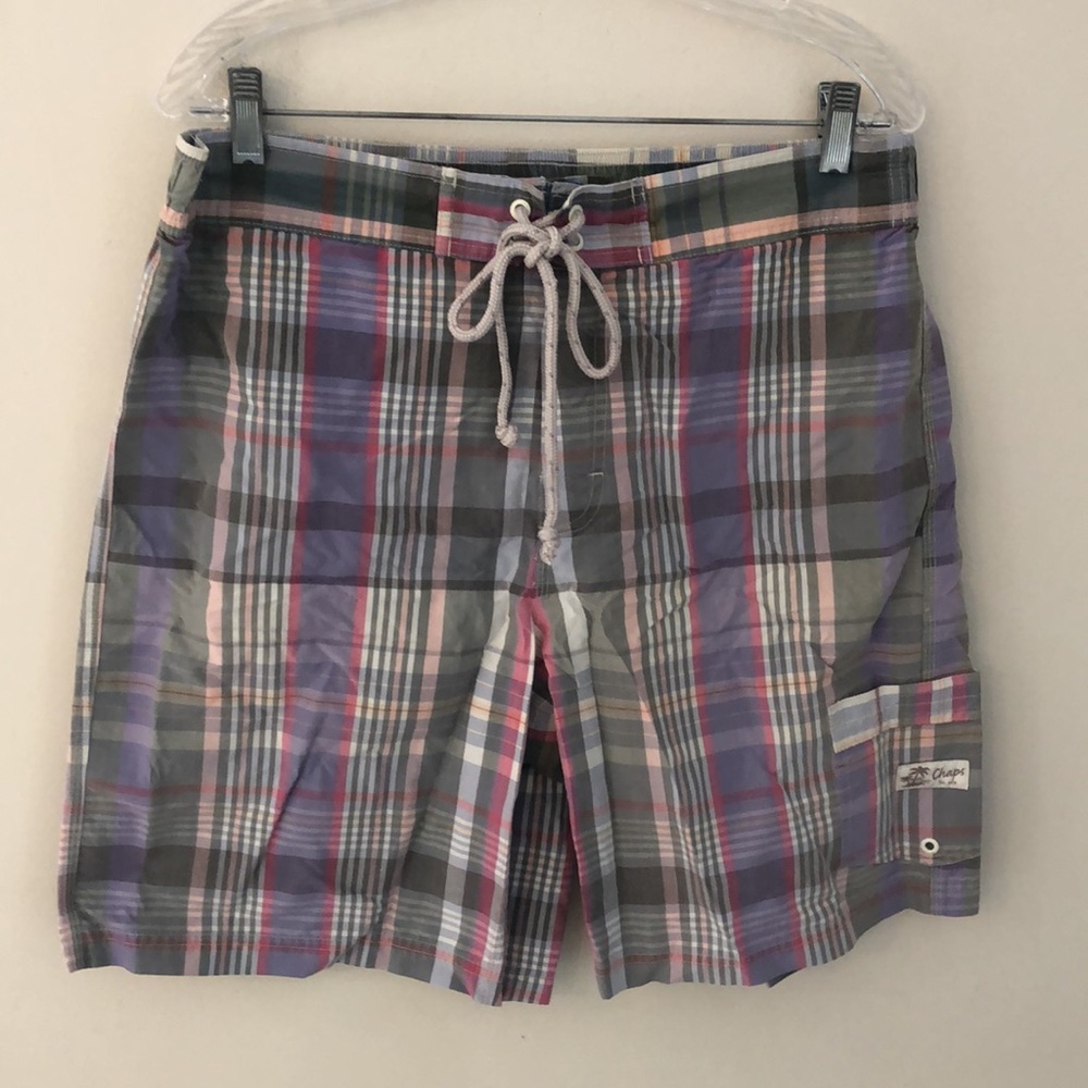 Chaps preppy plaid board shorts swim trunks pockets self adhesive waist SZ LG